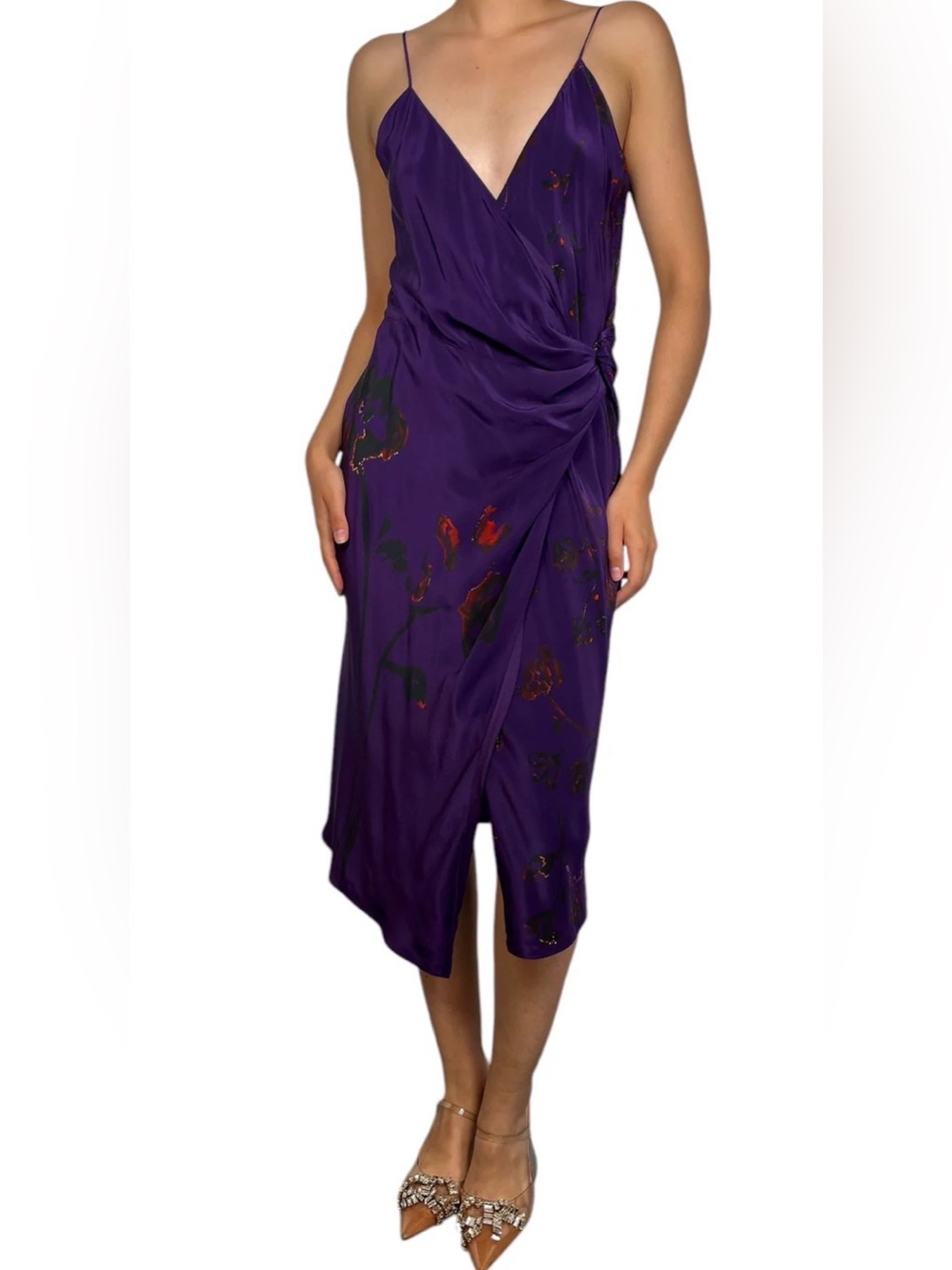 The Kooples silk wrap midi 90s slip dress plunging neck romantic goth glam NWT 0